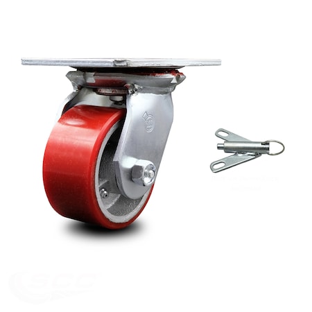 Service Caster 4 Inch Red Poly on Cast Iron Caster with Roller Bearing and Swivel Lock SCC SCC-35S420-PUR-RS-BSL